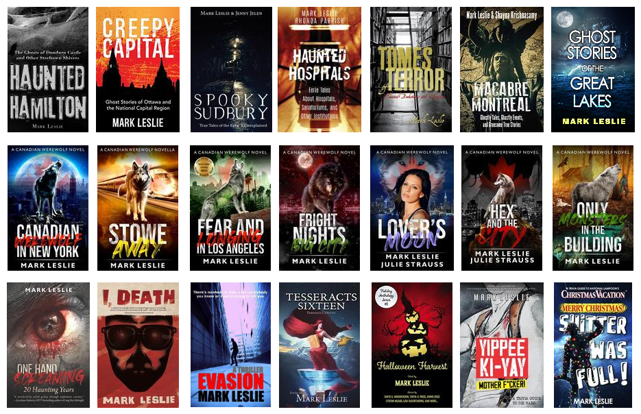 A collection of 21 book covers of titles by Mark Leslie